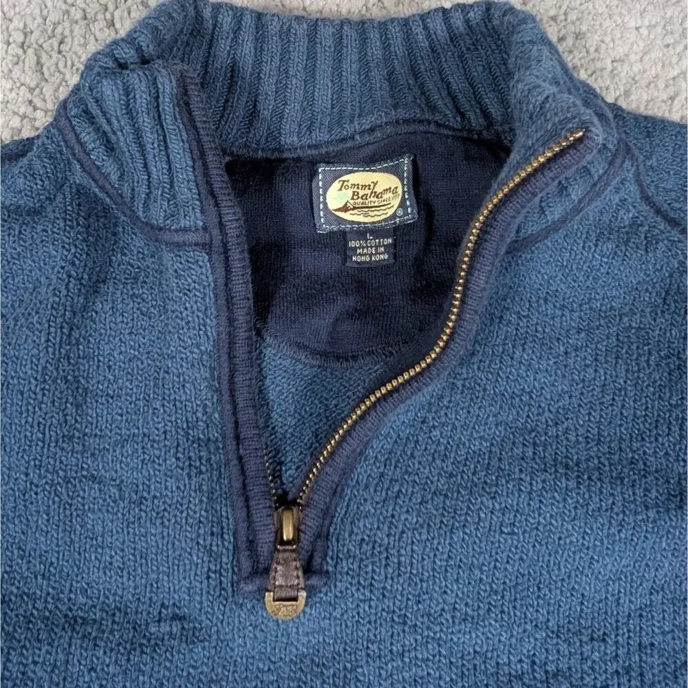 Tommy Bahama Sweater Mens Large Blue Half Zip Pullover Knit Cotton Casual